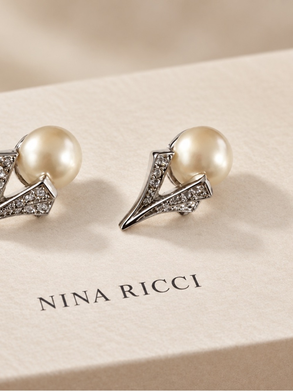 Nina Ricci Cream Authentic Pearls and 925 Gold Plated Stud Earrings with Swarov